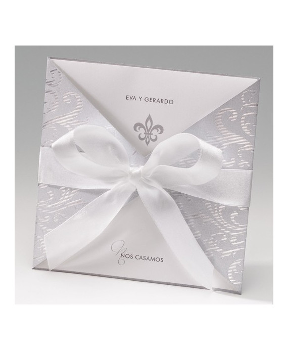 Invitación de boda tribal plata lazo blanco